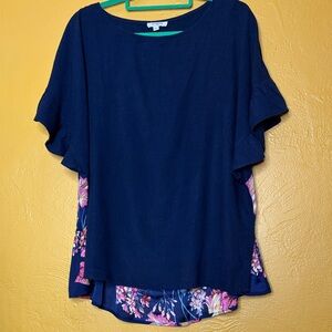Umgee Navy Blue Blouse with Pink Floral Accents Size L Like NWOT